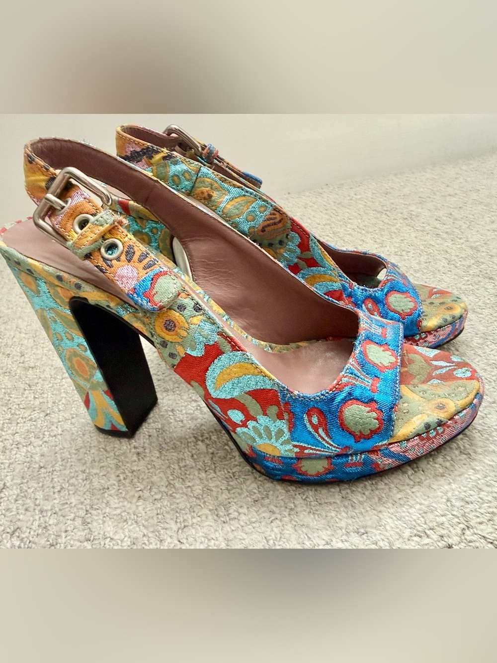 Miu Miu Multicolor Floral Jacquard Platform Slingbacks